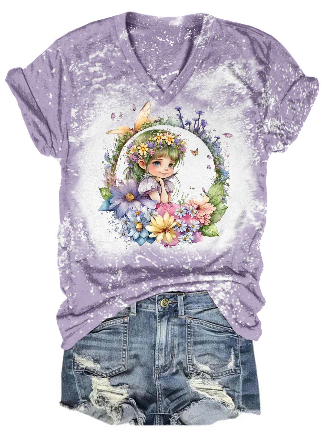 Floral Fairy Tie Dye V Neck T-shirt