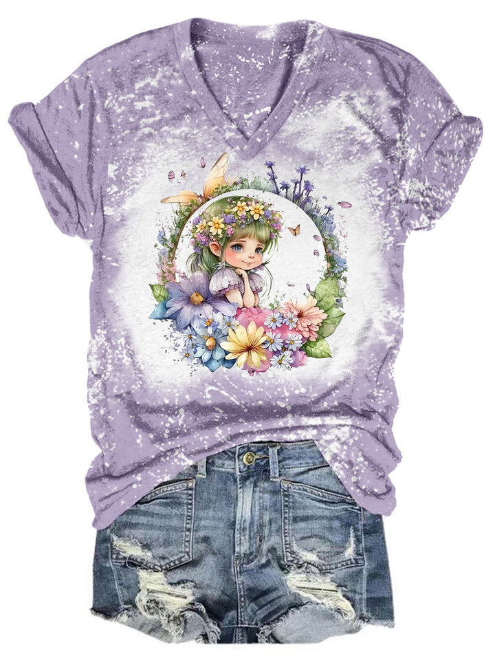 Floral Fairy Tie Dye V Neck T-shirt