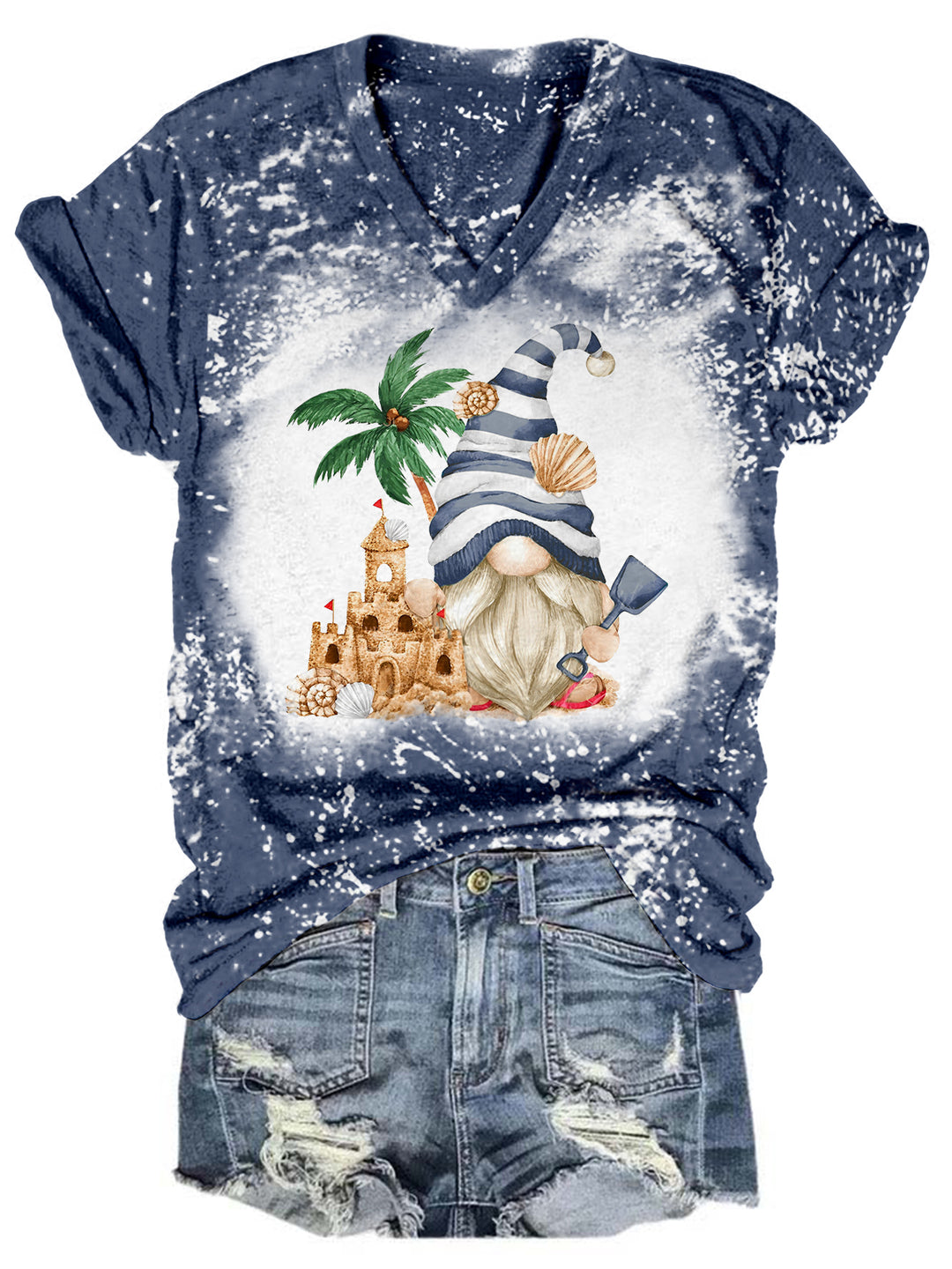 Sand Castle Gnome Tie Dye V Neck T-shirt