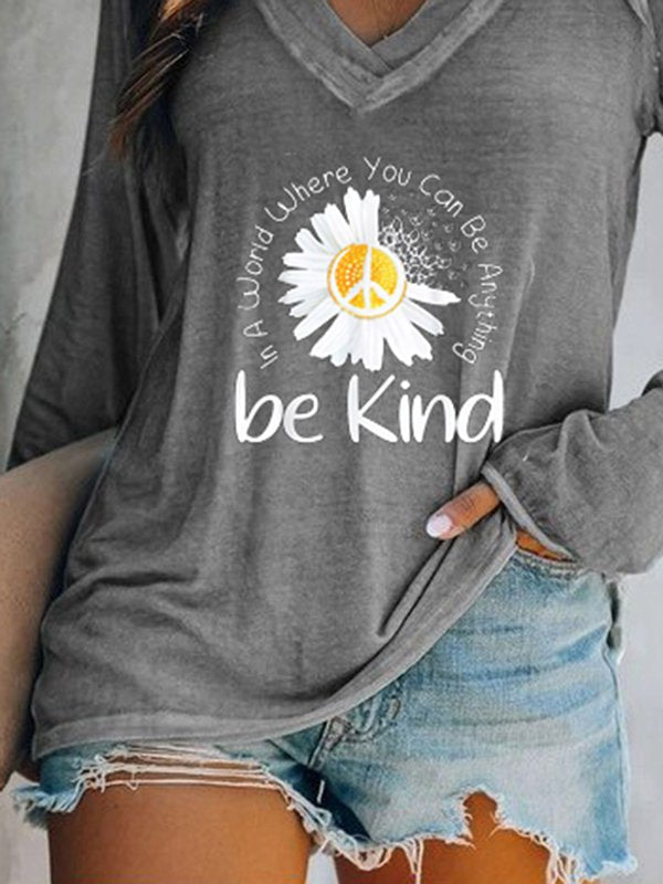 Be Kind V neck Long Sleeve Daisy Printed Shirt
