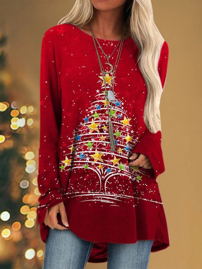 Christmas Tree Print Vintage Print Long Sleeve Tops