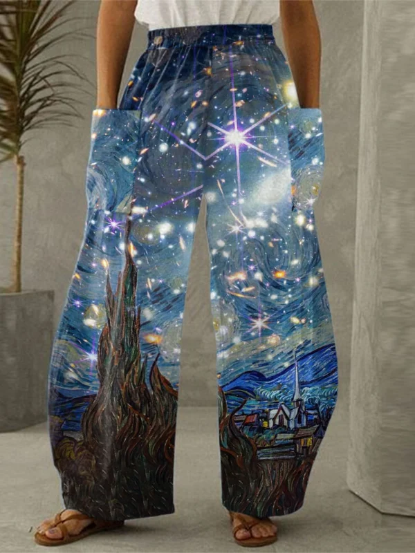 Oil Painting & Space Image Print Vintage Pants