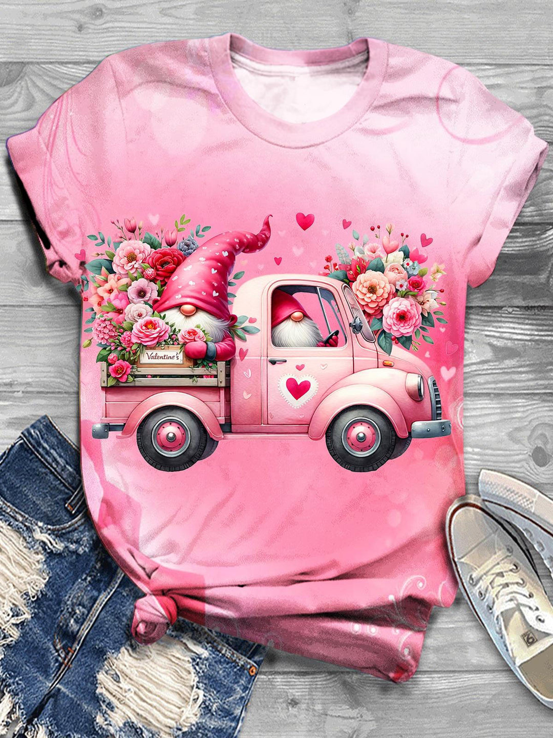 Women's Pink Valentine's Day Trucker Gnome Print Top