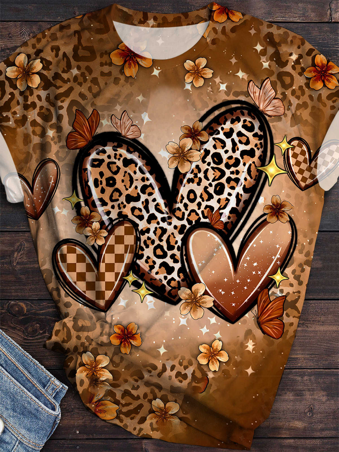 Leopard Hearts Print Crew Neck T-Shirt
