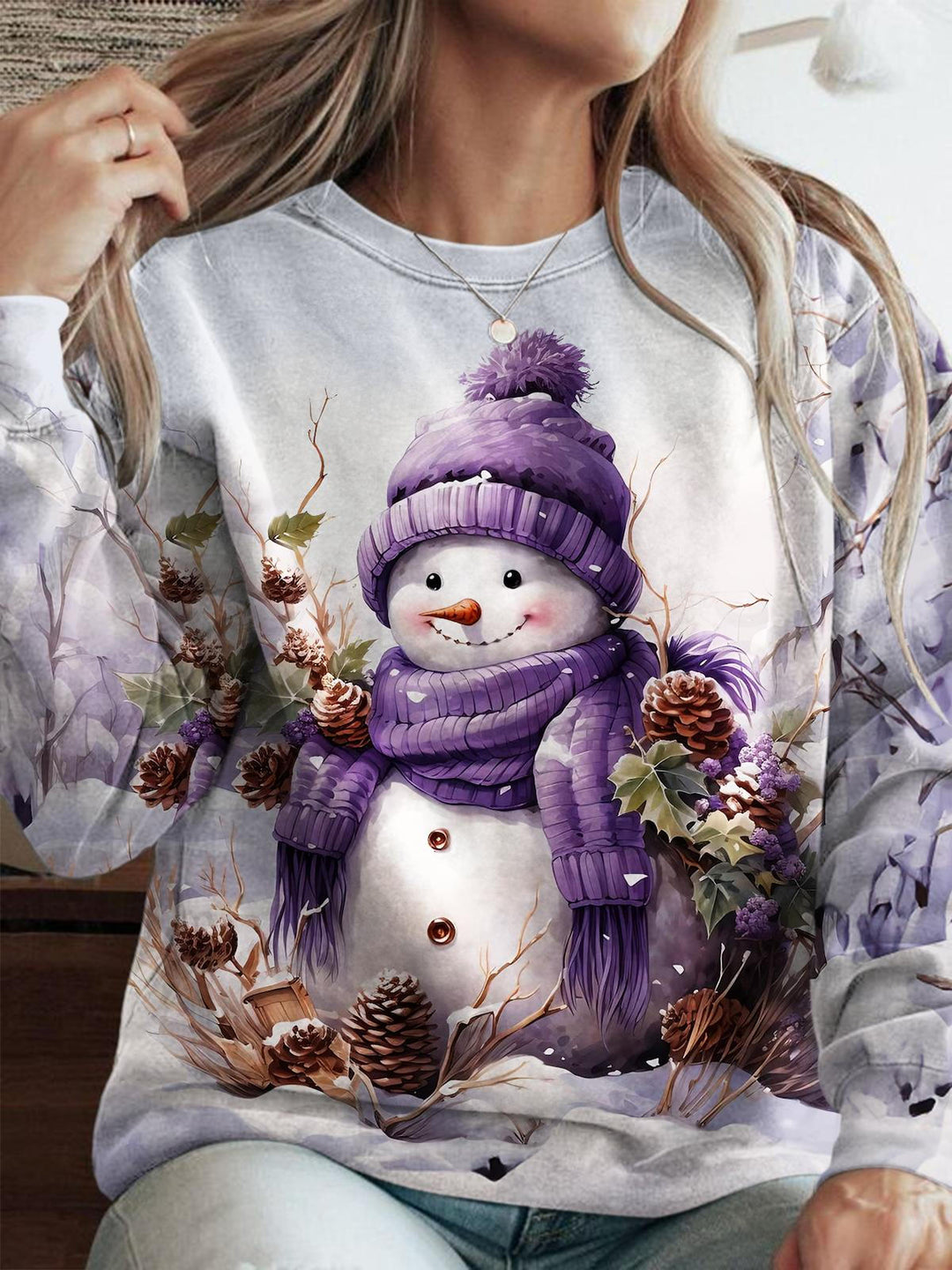 Women's Winter Purple Snowman Print Top