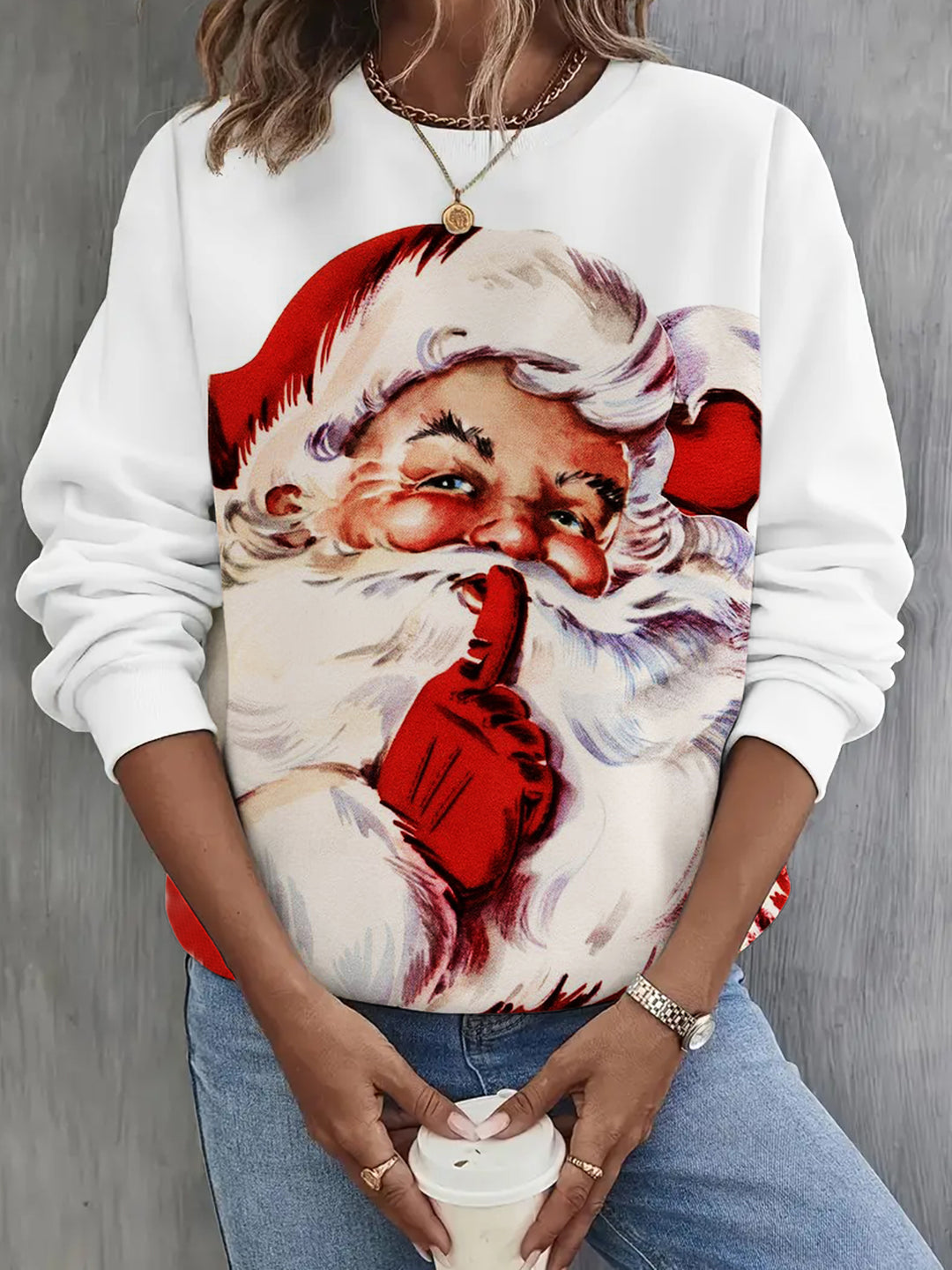 Vintage Christmas Santa Print Long Sleeve Casual Top