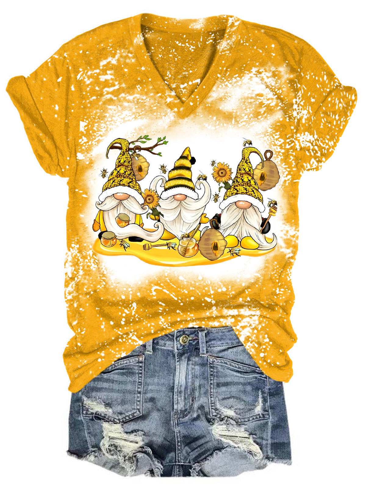 Sunflower Bee Gnome Bleaching V Neck Tshirt Wonder closets