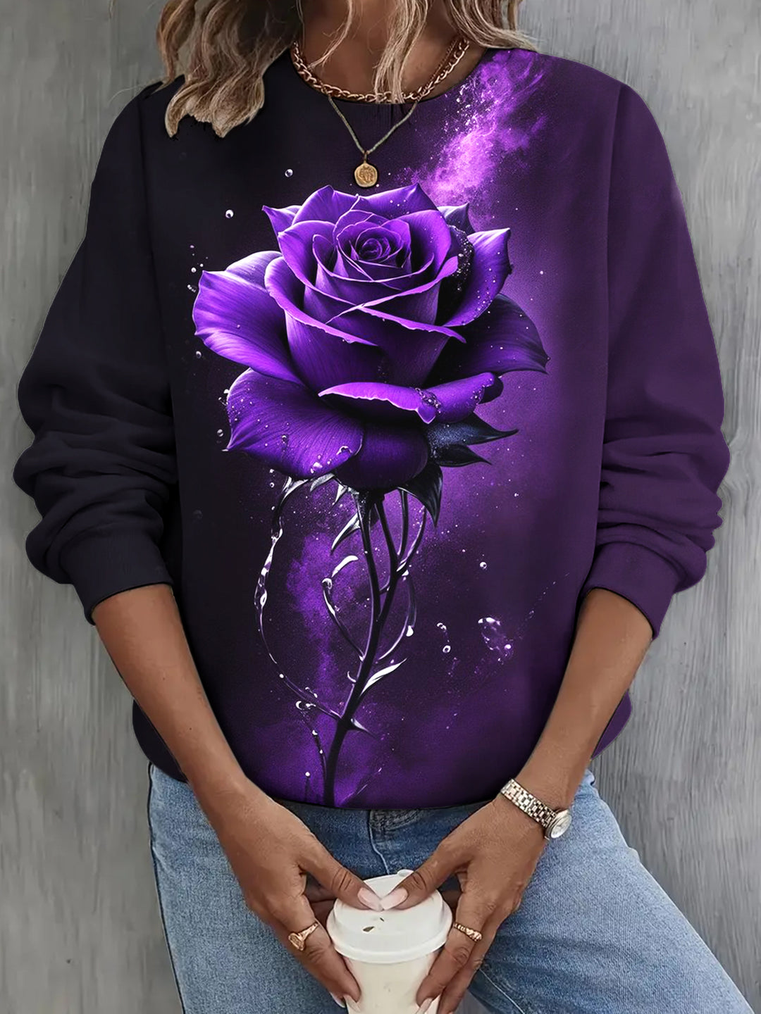 Purple Rose Print Casual Top