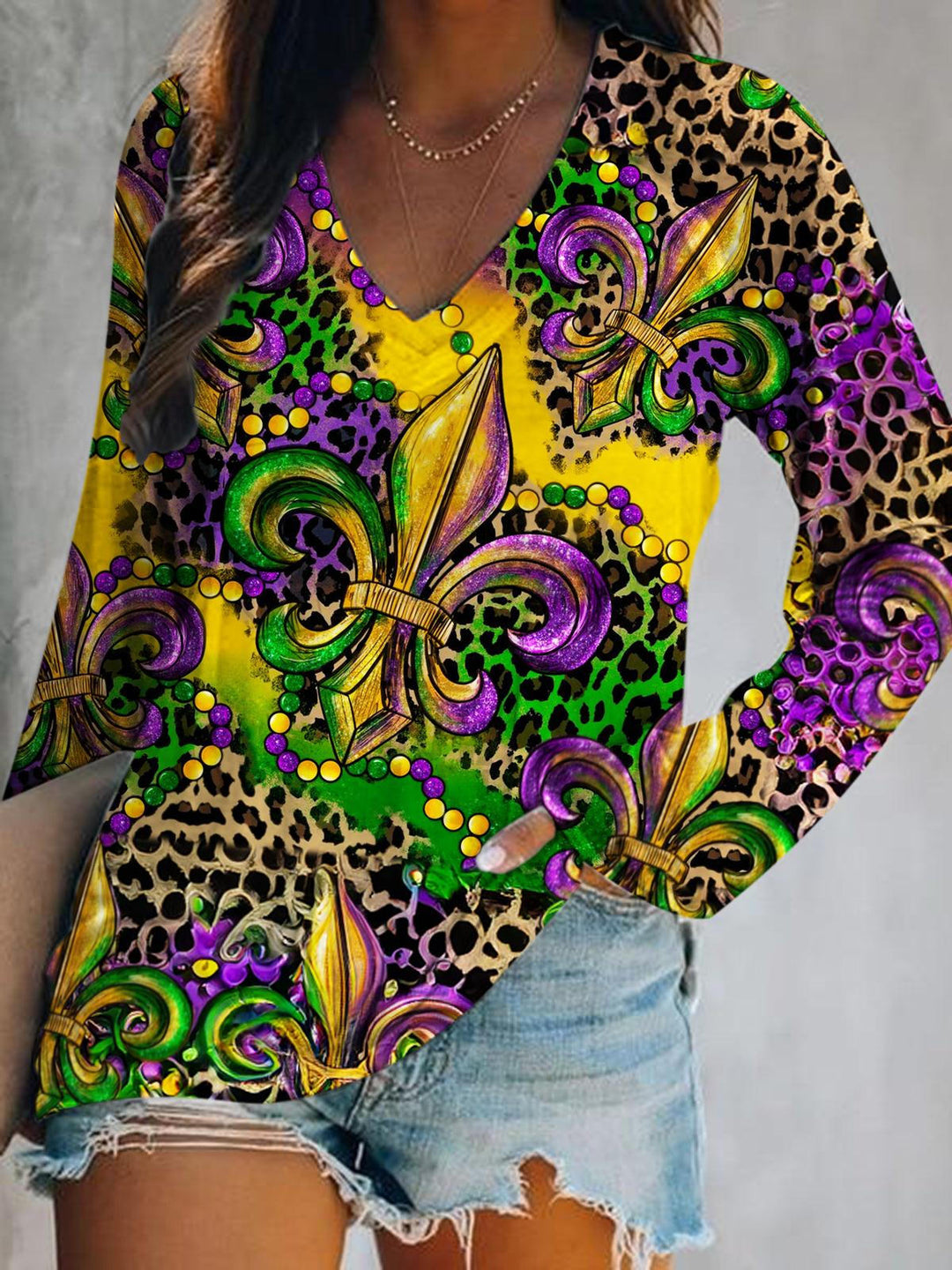 Mardi Gras Print V-Neck Long Sleeve Top
