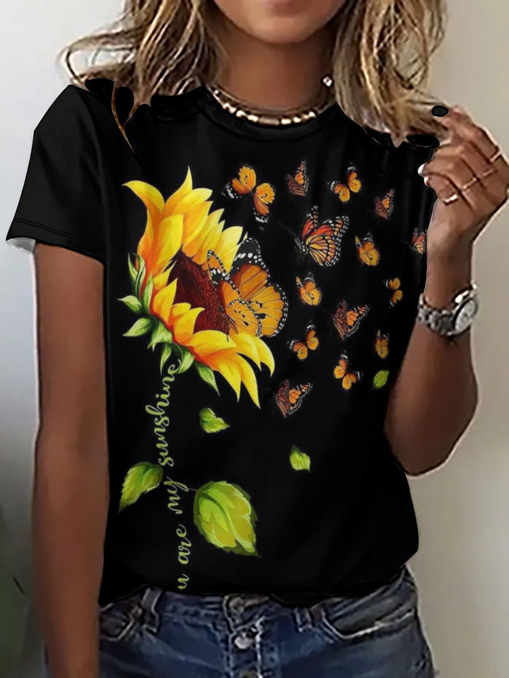 Sunflower Butterfly Print Short Sleeve T-shirt