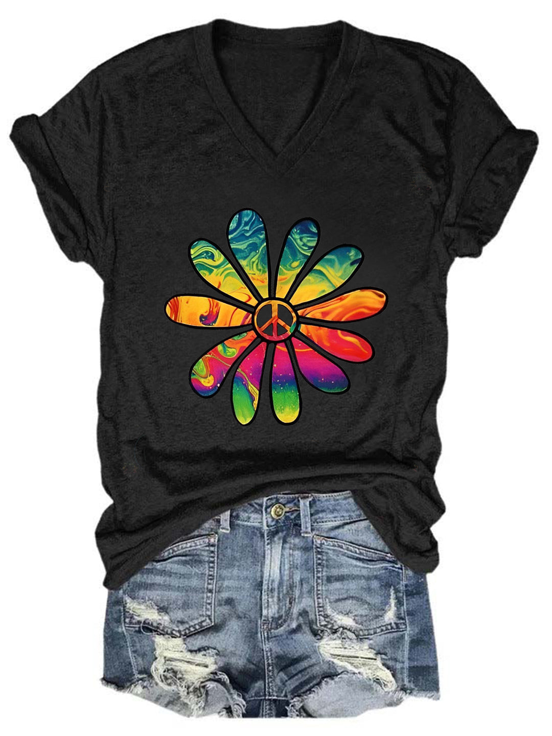 Daisy Peace Solid V Neck T-Shirt