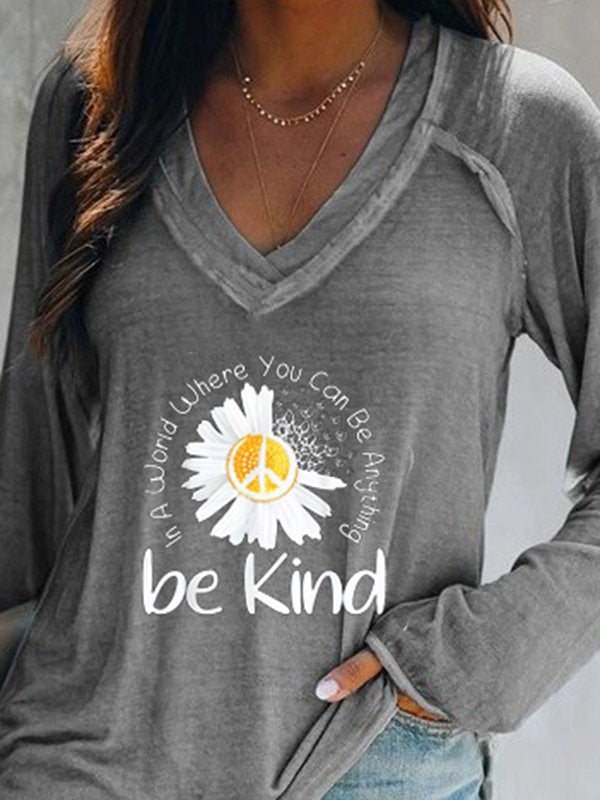 Be Kind V neck Long Sleeve Daisy Printed Shirt