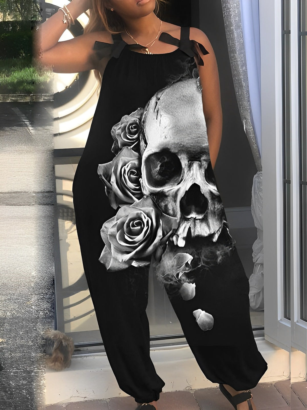Skull Rose Pattern Print Lace Up Plus Size Jumpsuit