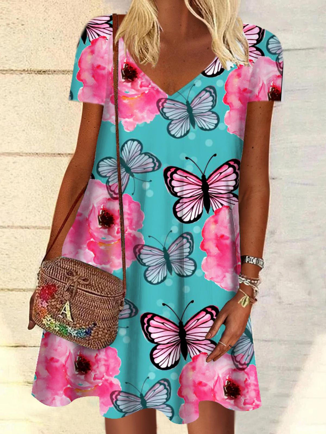 Butterfly Floral V Neck Short Sleeve Dress