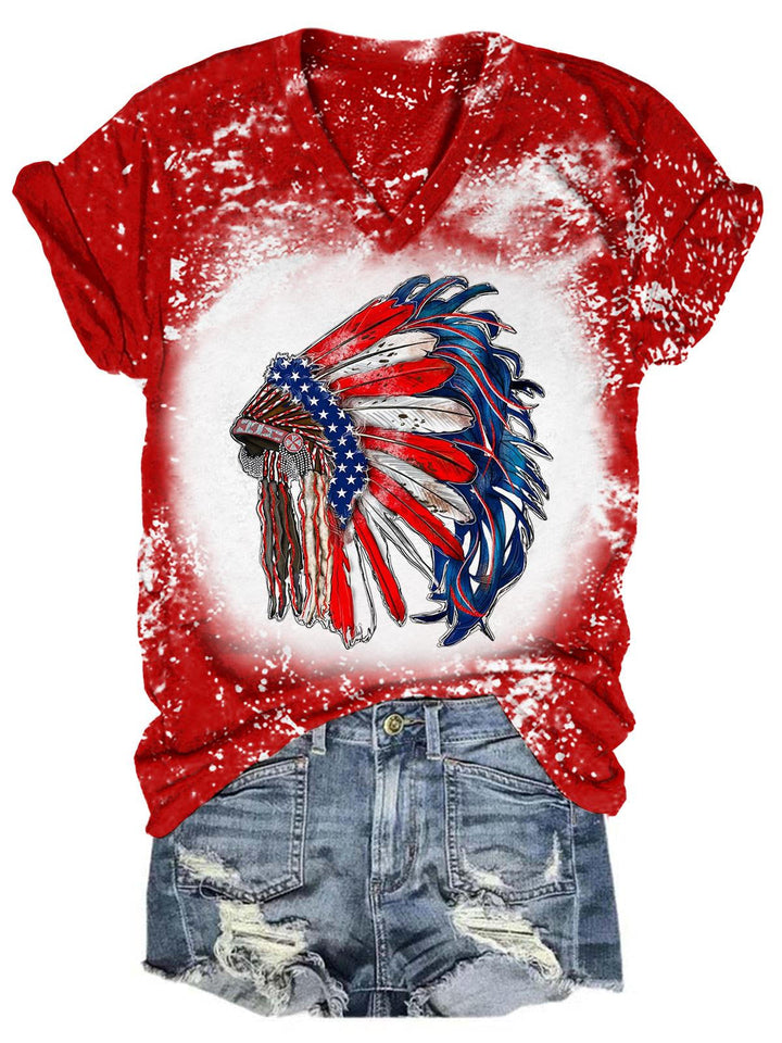 Star Stripe Native American Headwear Tie Dye V Neck T-Shirt