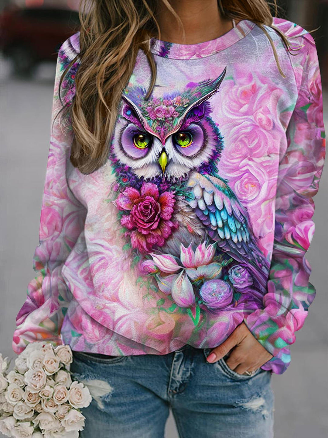 Pink Flower Owl Long Sleeve Casual Top