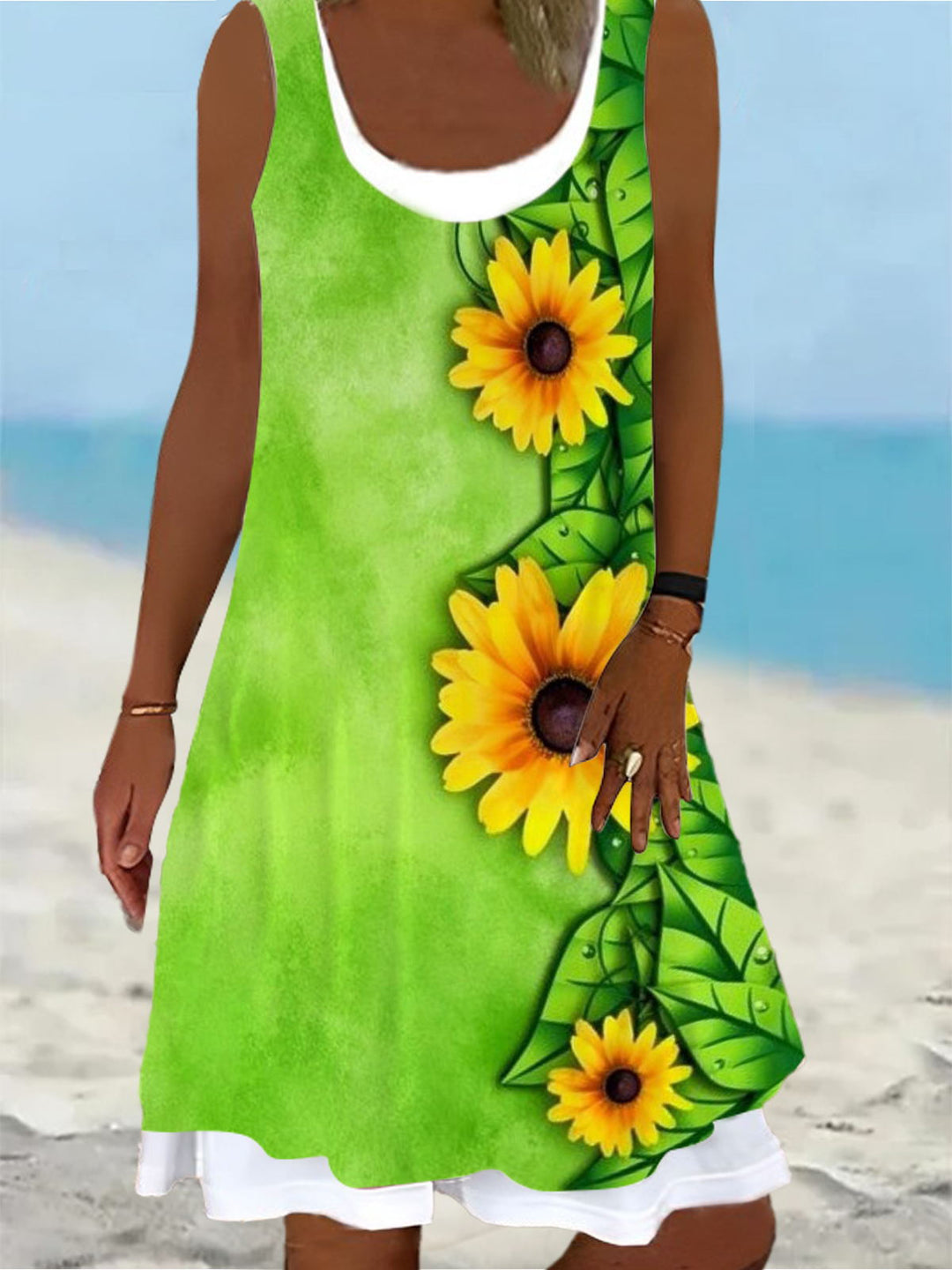 Sunflower Print Ladies False Two Dress