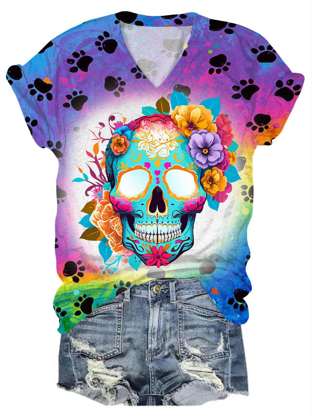 Dog Paw Skull Flower V Neck T-Shirt