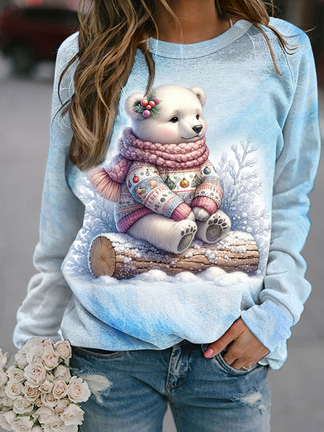 Winter Polar Bear Print Long Sleeve Casual Top