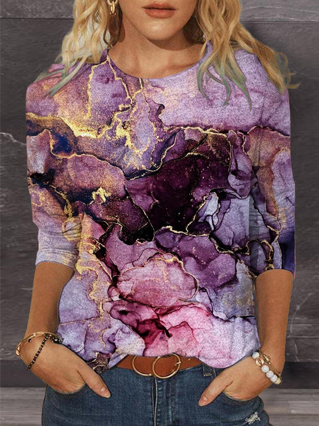 Women's Marbled Tie Dye Printed Round Neck Long Sleeve Top