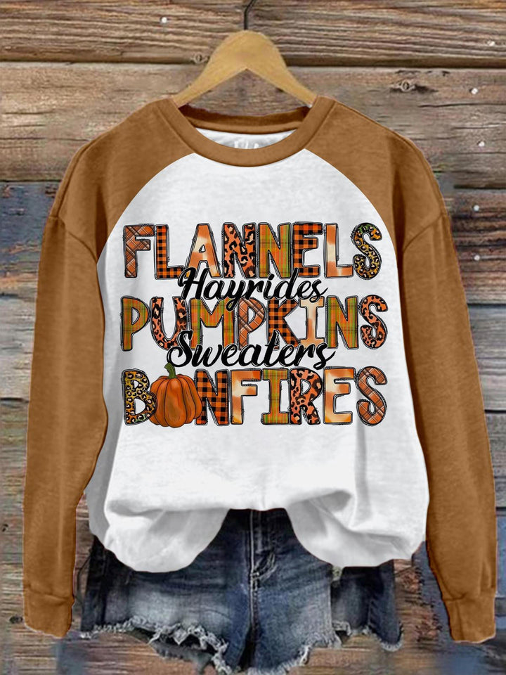 Flannels Hayrides Pumpkins  Bonfires Long Sleeve Casaul Top