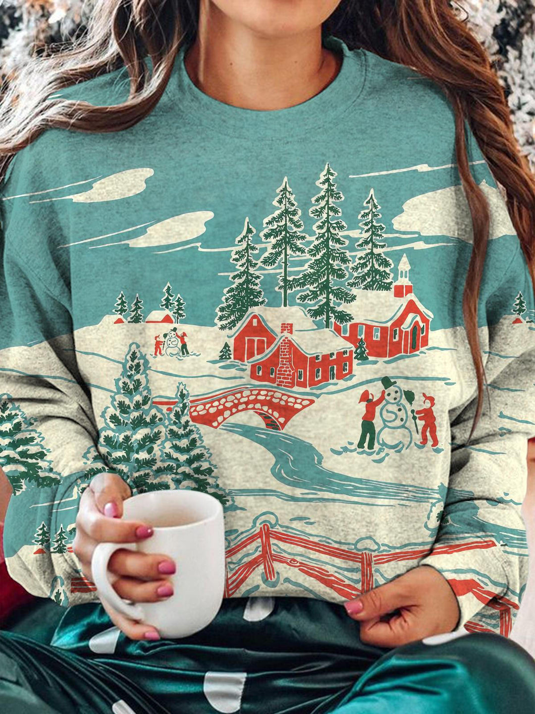 Vintage Winter Christmas Print Round Neck Long Sleeve Top