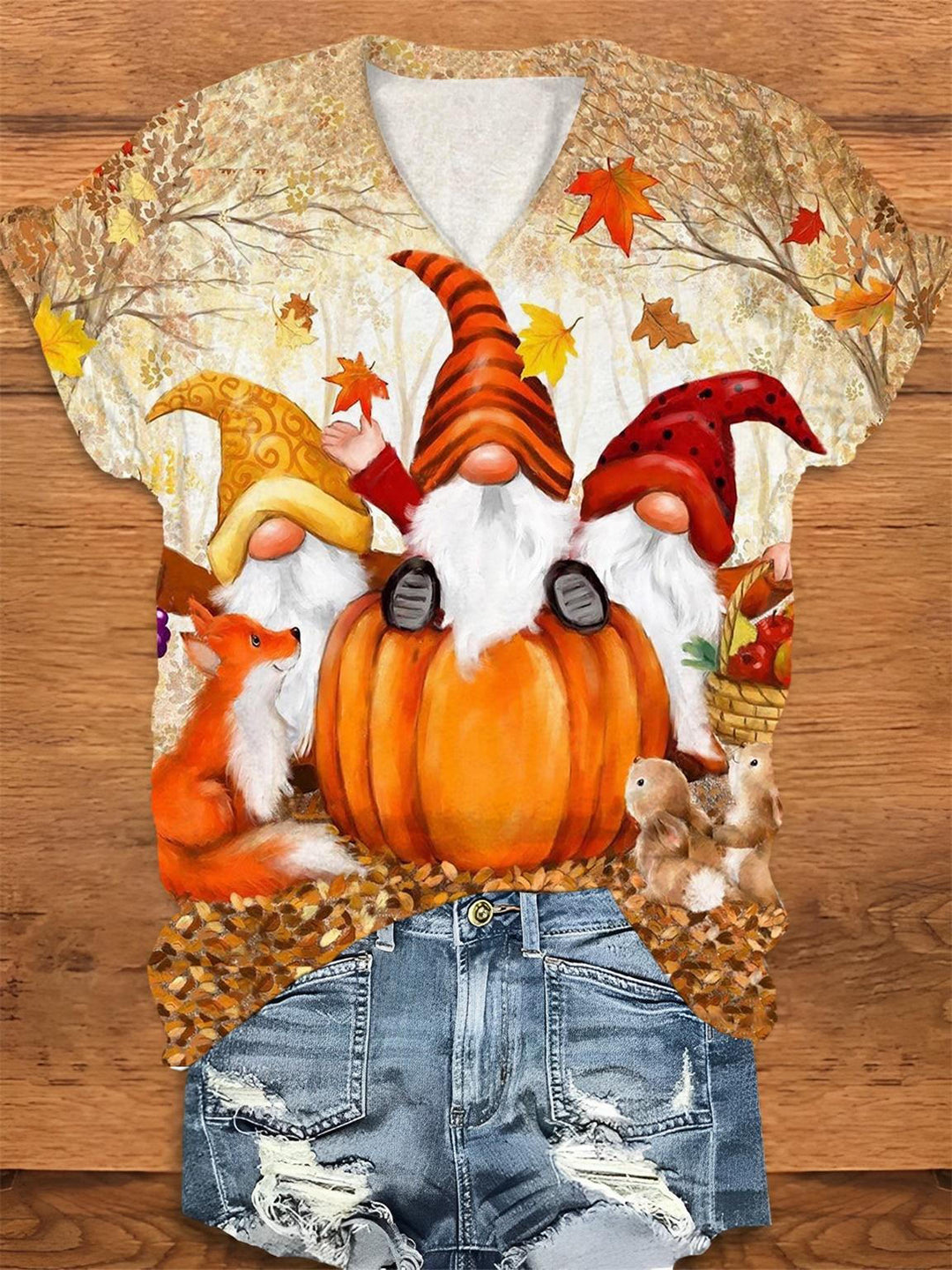 Autumn Pumpkin Gnomes Print V-Neck T-Shirt