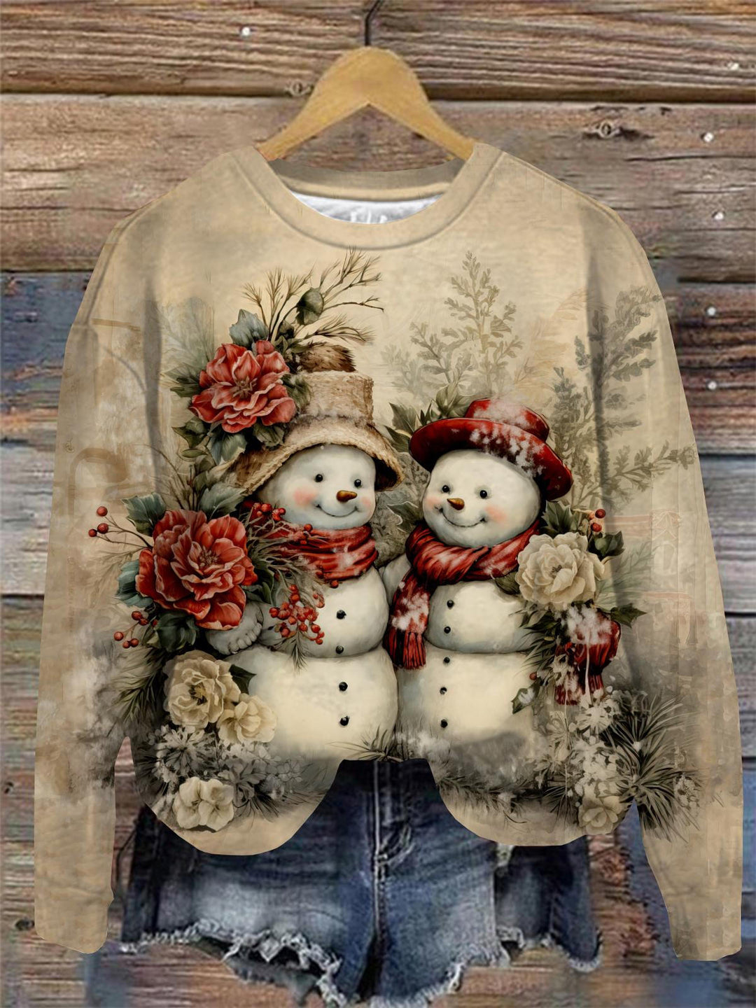 Vintage Snowmen in Winter Scenery Round Neck Long Sleeve Top