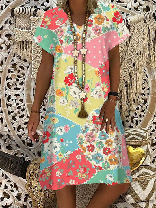 Women's Floral Patchwork Printed V Neck Dress