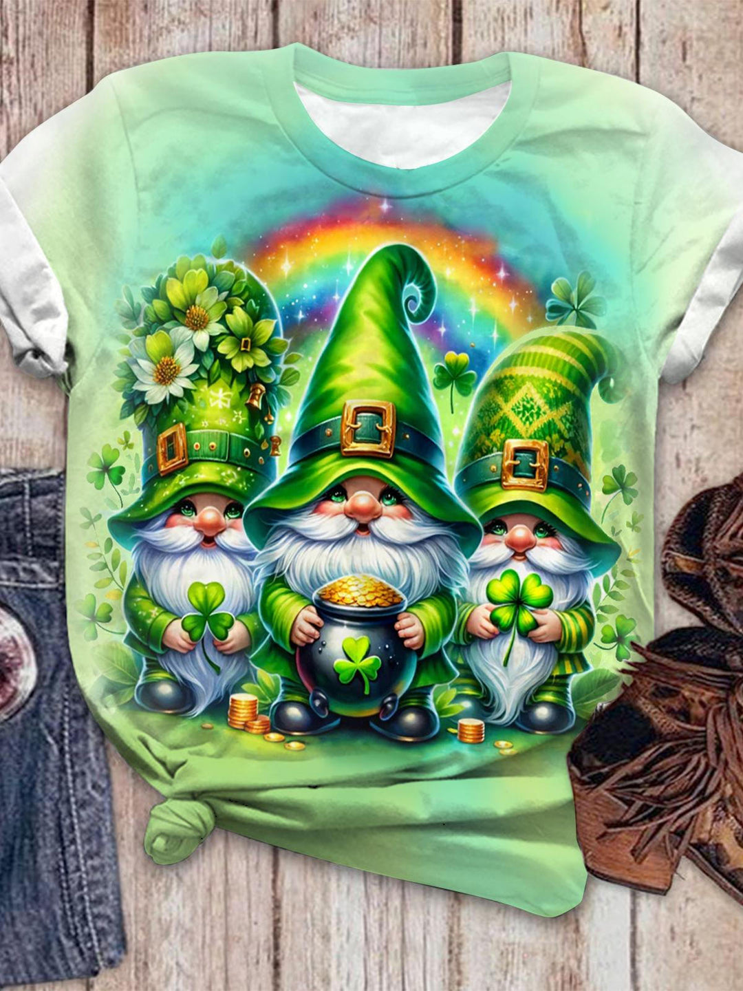 Rainbow Shamrock Gnomes Crew Neck T-shirt