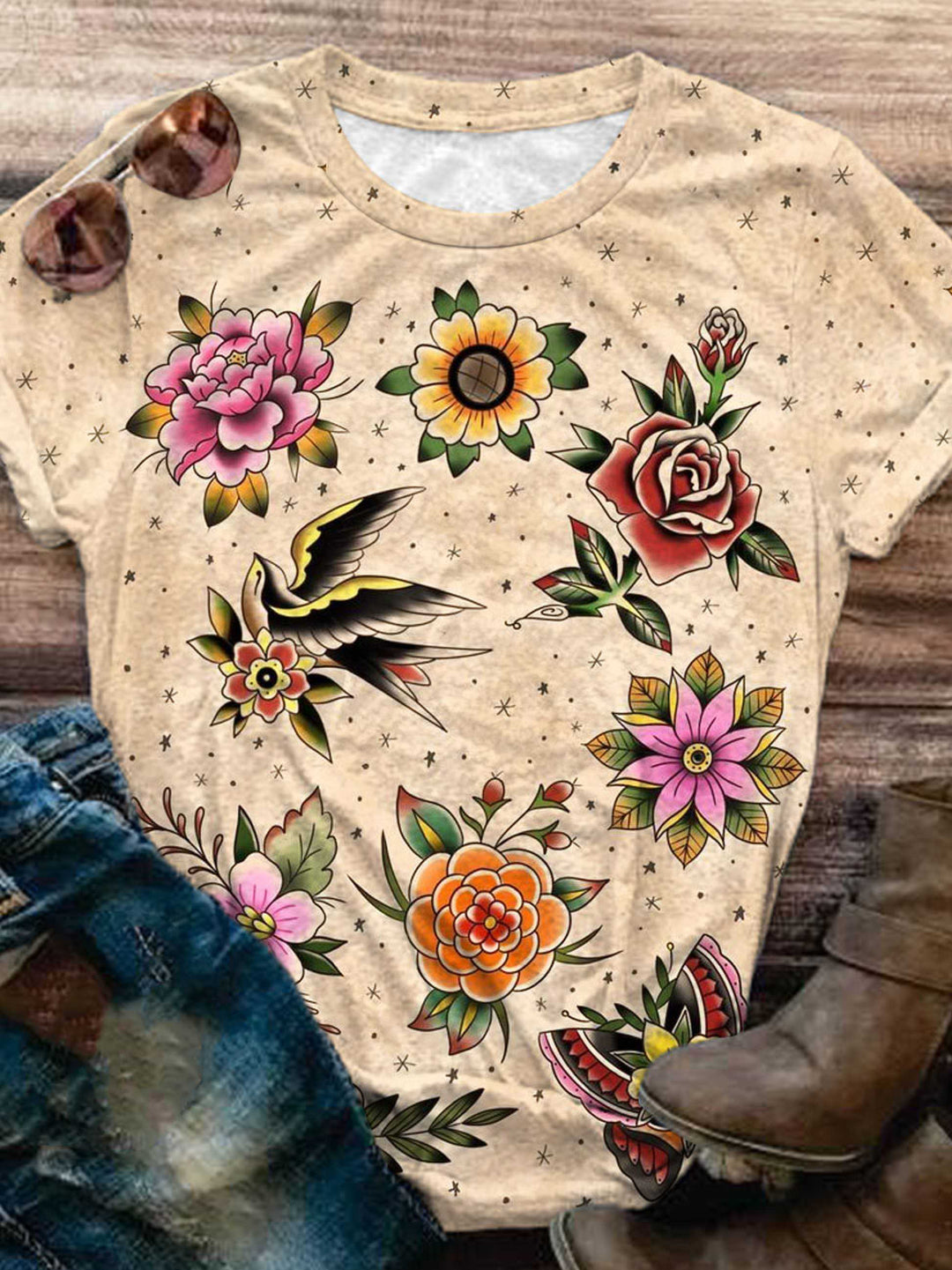 Retro Print Short Sleeve Crew Neck T-Shirt