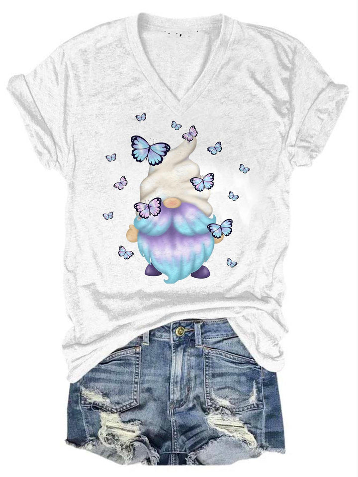 Butterfly Gnome Print V-Neck T-Shirt