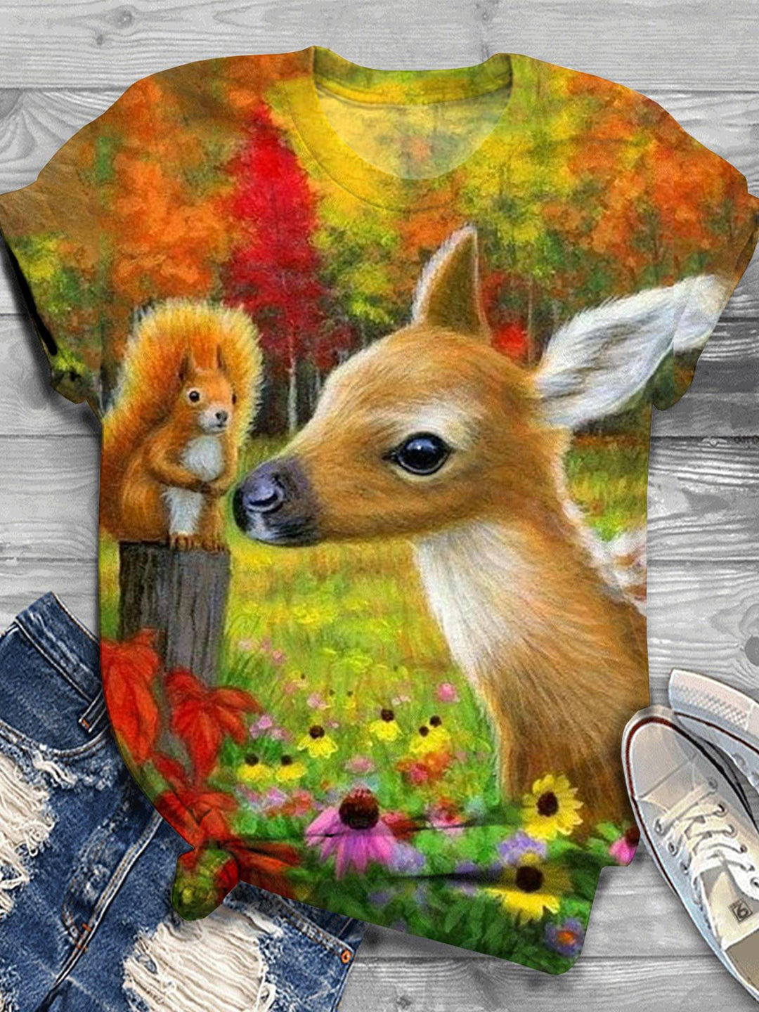 Forest Squirrel Deer Fall Crew Neck T-Shirt