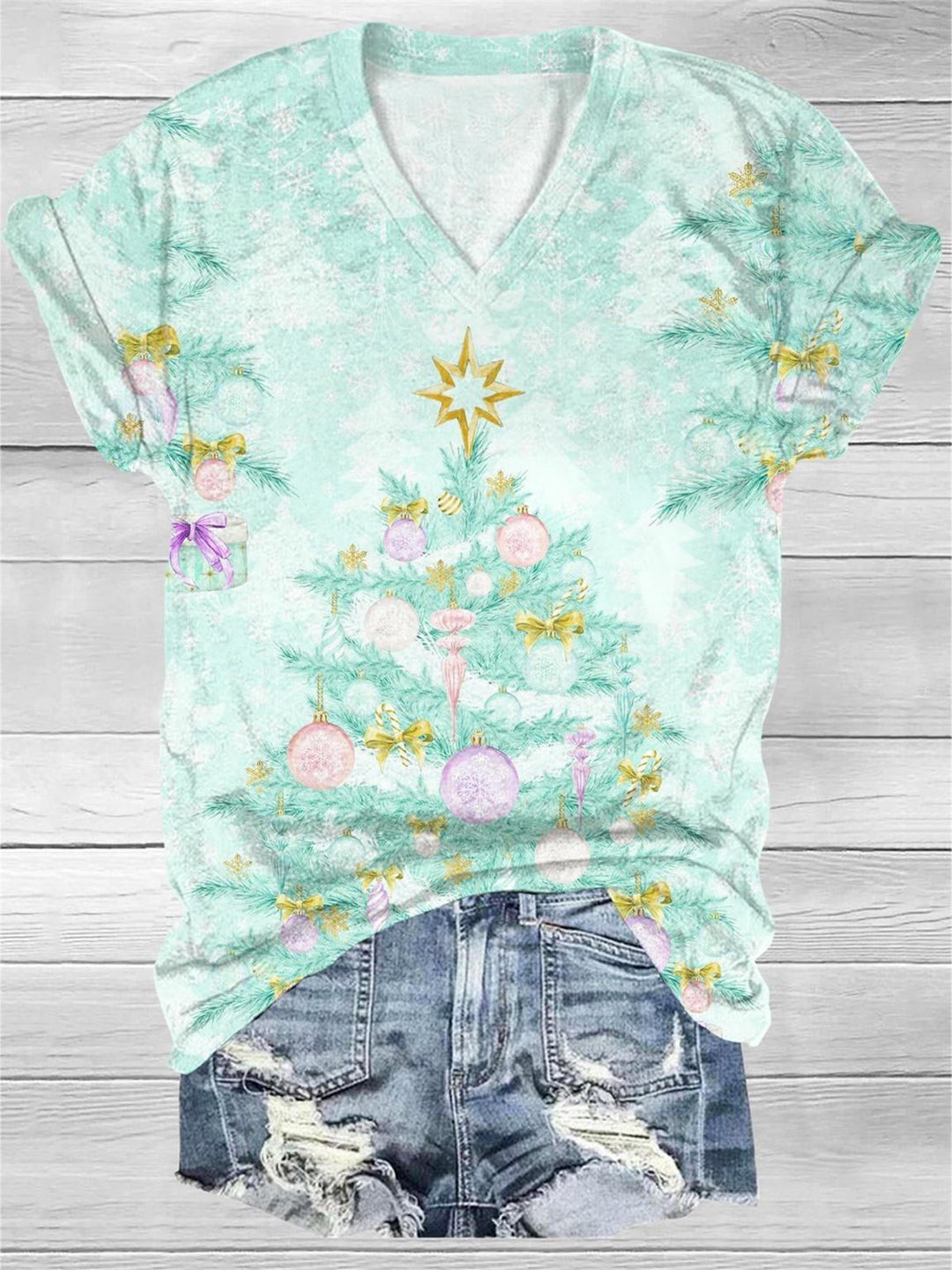 Christmas Tree Print V-Neck T-Shirt