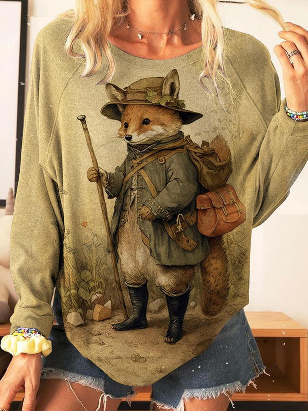 Women's Funny Fox Print Long Sleeve Top