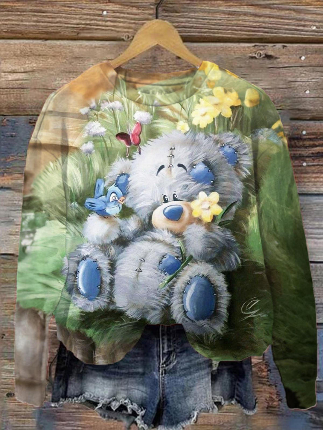 Butterfly Flower Bears Long Sleeve Printed Top
