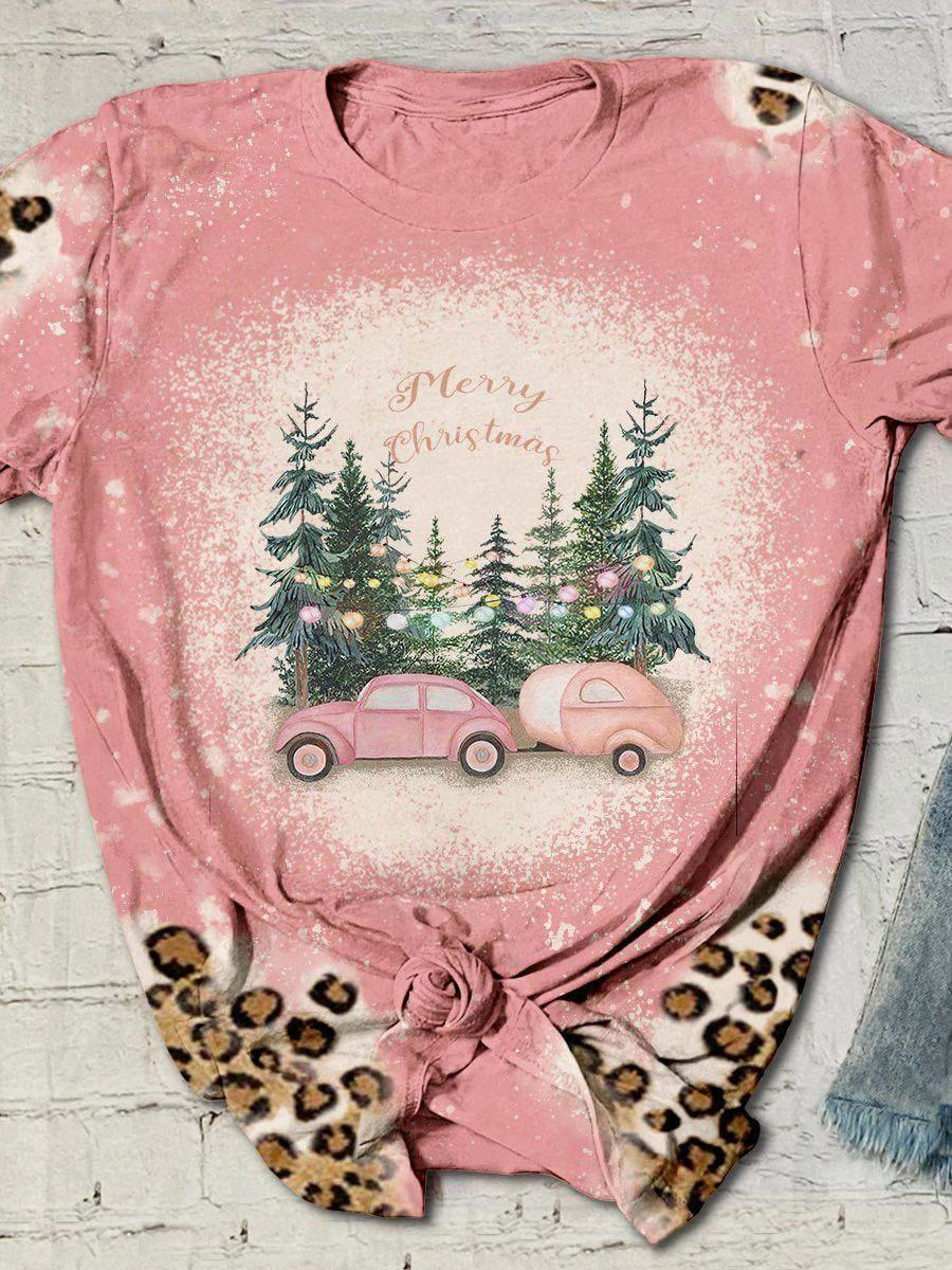 Pink Car Merry Christmas Leopard T-Shirt