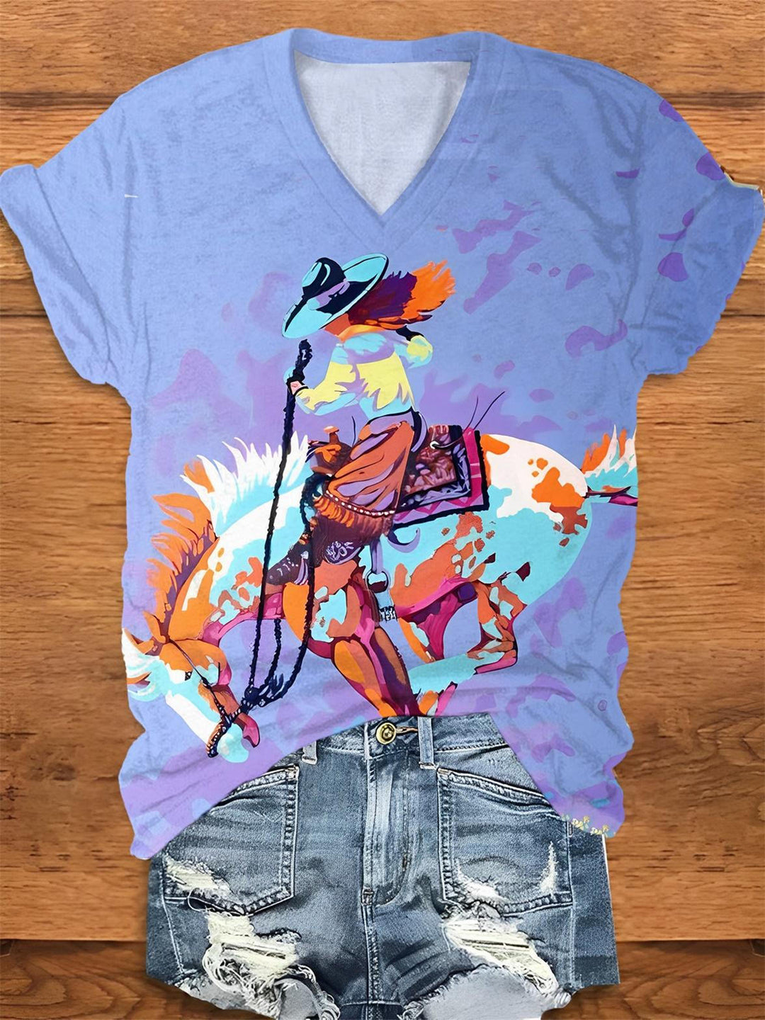 Western Watercolor Print V-Neck T-Shirt