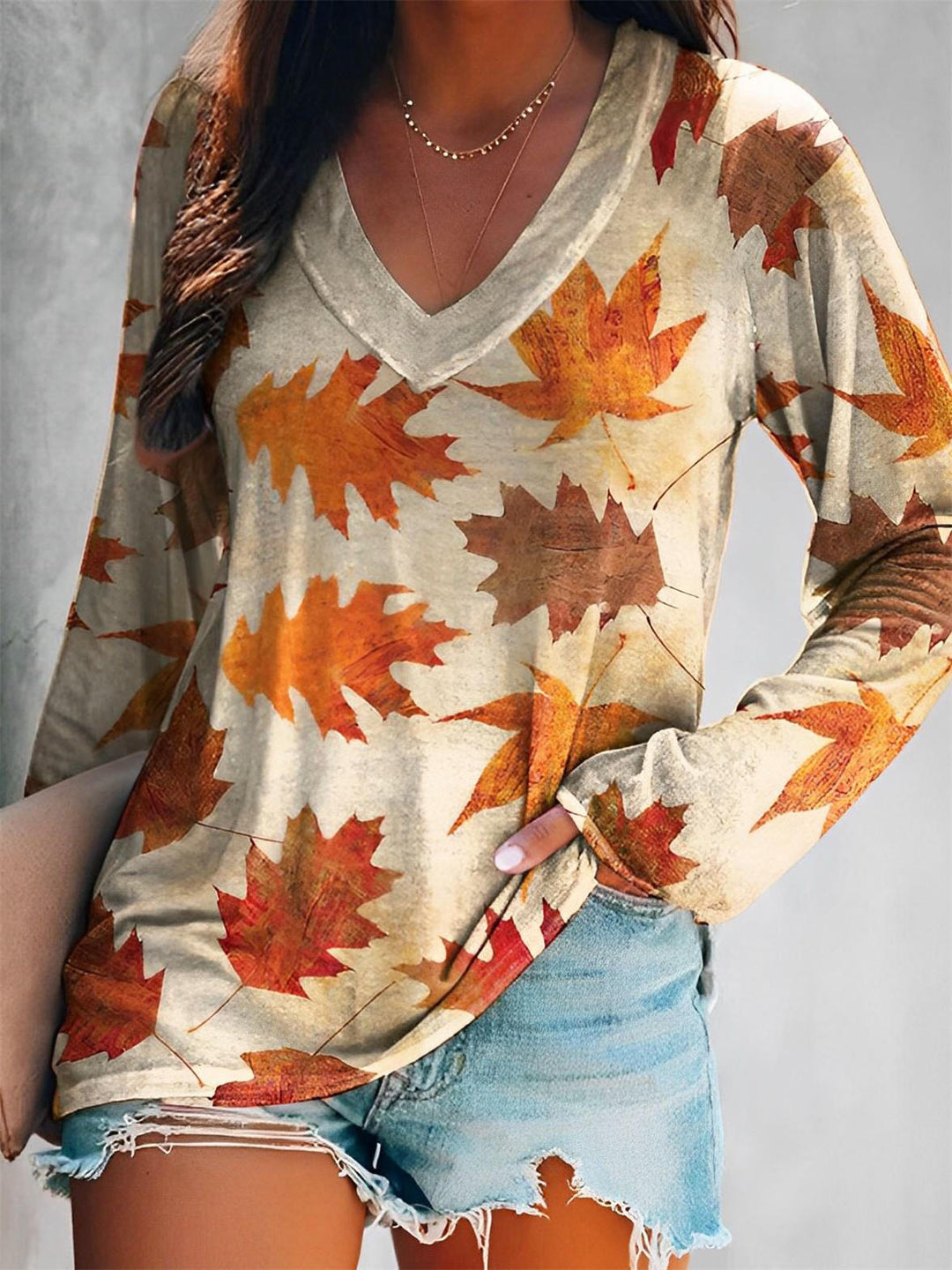 Women's Maple Leaf Print V-Neck Long Sleeve T-Shirt