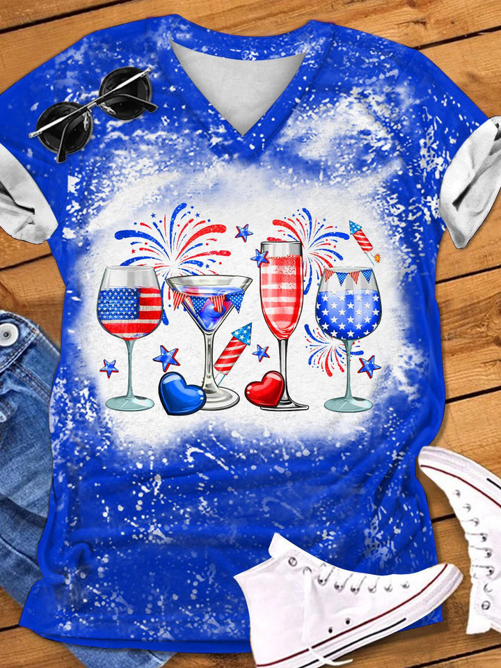 4th Of July Wine Glasses Print V-Neck T-Shirt