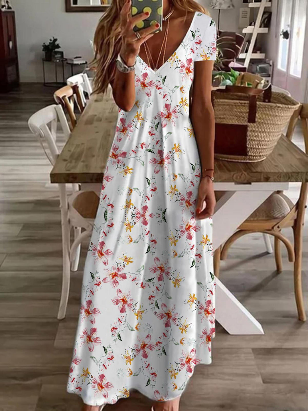Flower Short Sleeve V Neck Maxi Dress