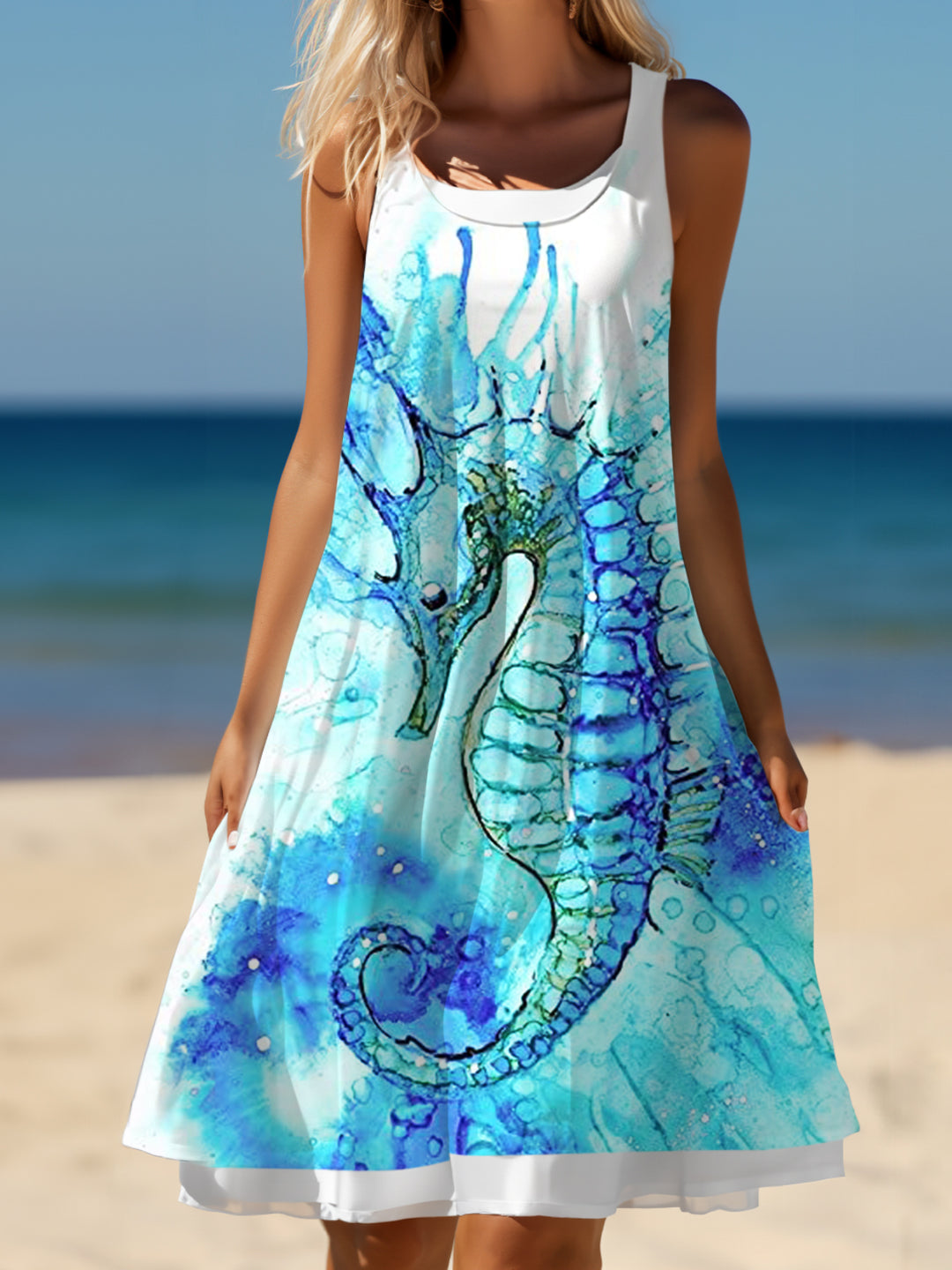Seahorse Watercolor Ladies False Two Dress