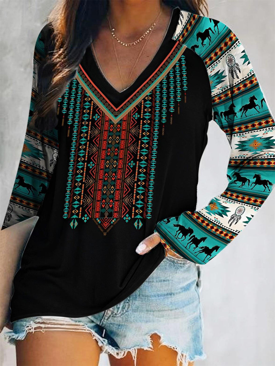 Aztec Geometric Dreamcatcher Feather Print Top