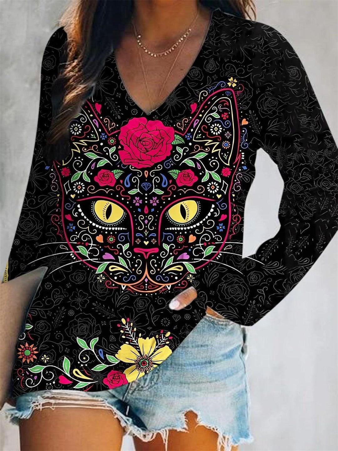 Kitty Cat Sugar Skull Print V-Neck Long Sleeve Top