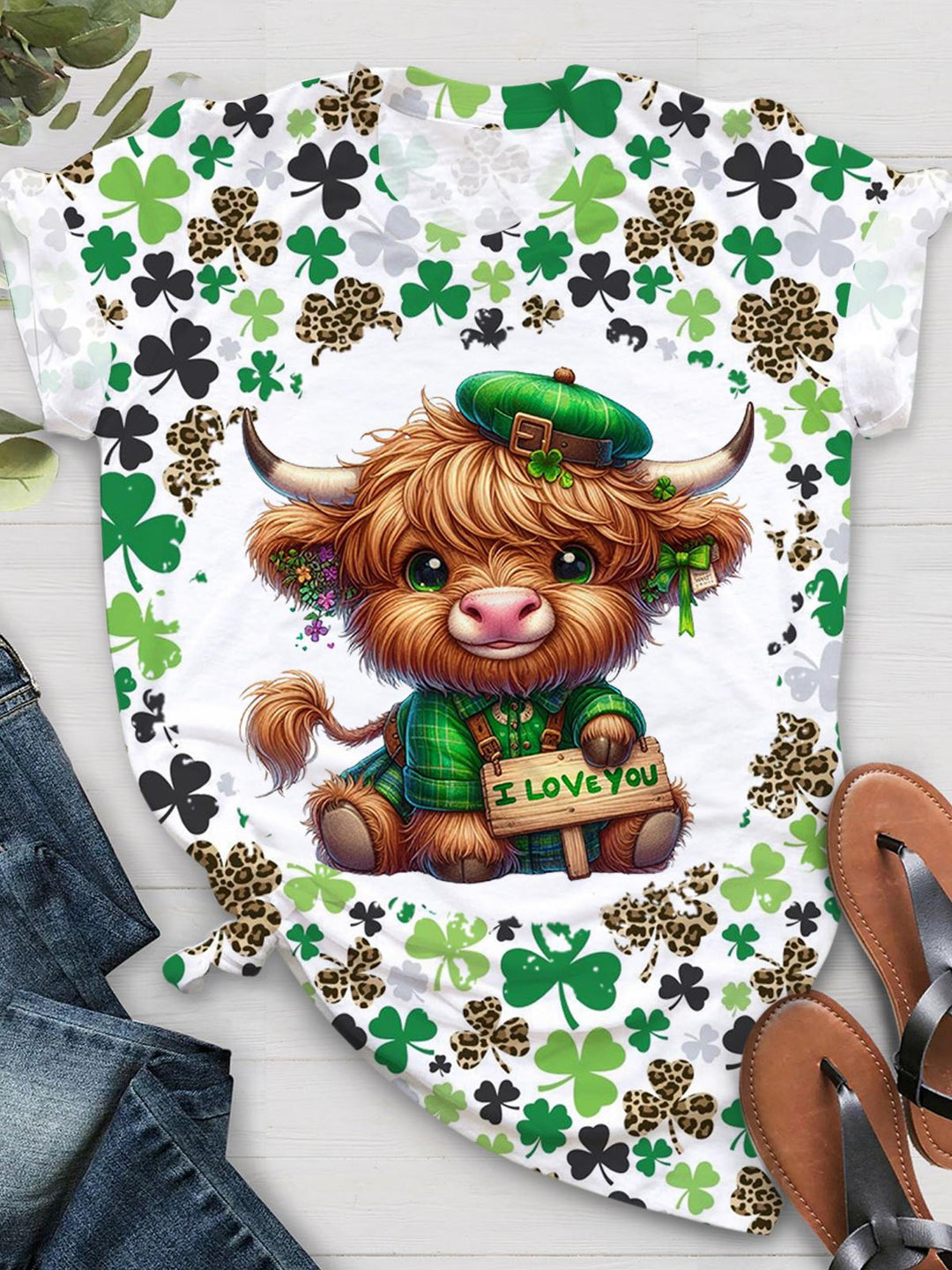 St Patrick's Day Clover Cow Print Crew Neck T-shirt