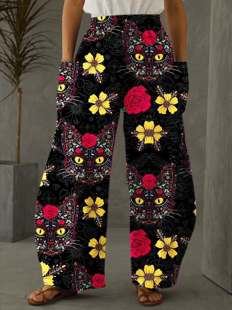 Day of the Dead Kitty Cat Sugar Skull Print Casual Pants