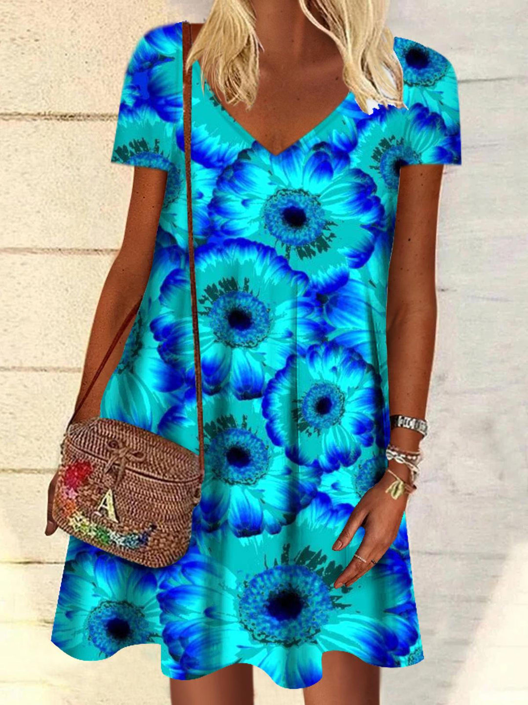 Floral Print V-neck Short Sleeves Dress