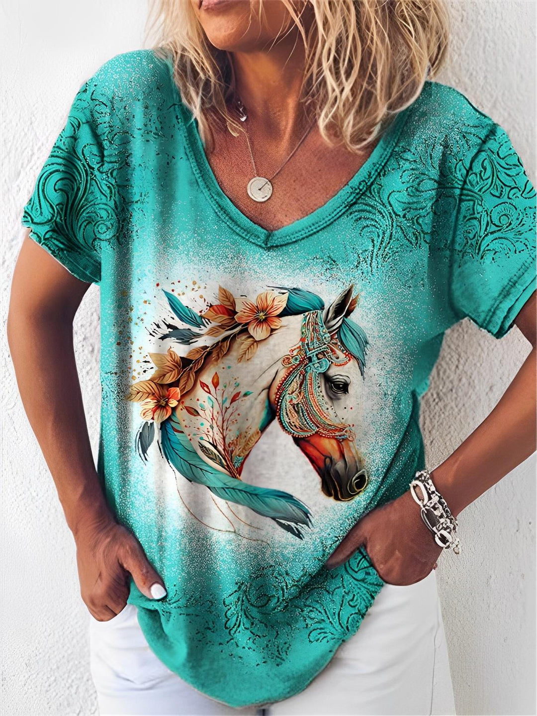 Horse Floral Leather Art V-Neck T-Shirt