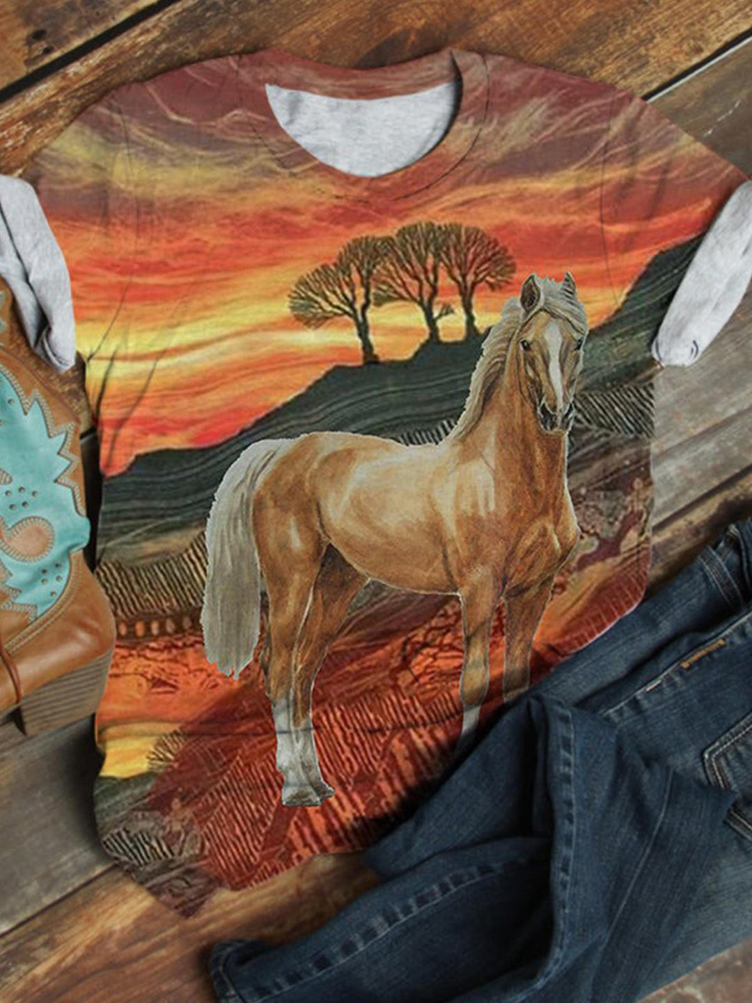 Horse Sunset Crew Neck T-shirt