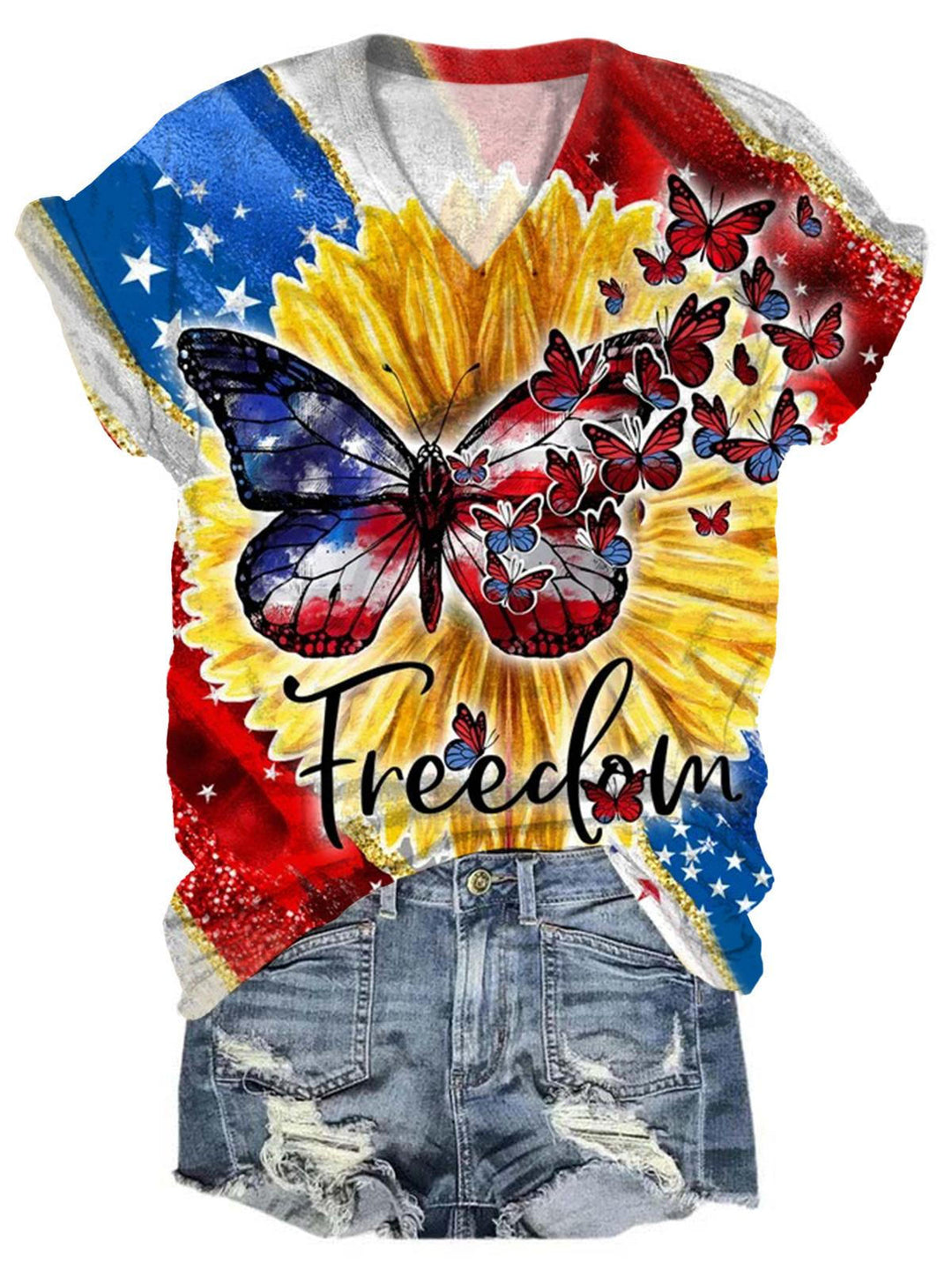 Freedom Sunflower Butterfly Print V Neck T-Shirt